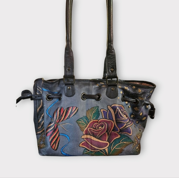 Anna by Anuschka Rose & Butterfly Hand Painted Leather Drawstring Bag - Picture 1 of 7